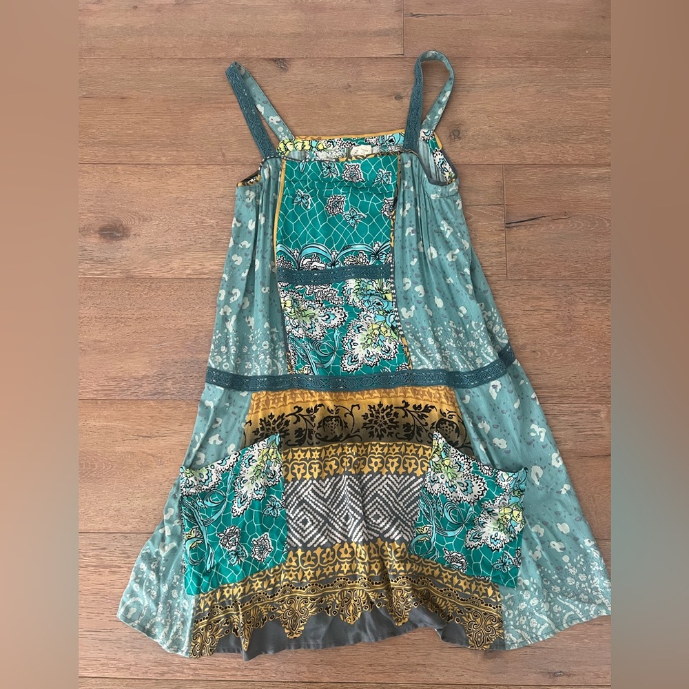 Anthropologie Teal and Yellow Patchwork Dress